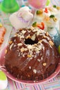 Chocolate ring cake with almonds and nuts for easter Royalty Free Stock Photo
