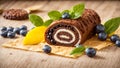 Chocolate roll with blueberries biscuit, rustic the kitchen