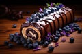 Chocolate roll decorated with blueberries