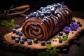 Chocolate roll decorated with blueberries