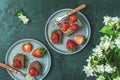 Chocolate rollcake with fresh strawberries in ceramic plate