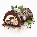 Chocolate roulade, pie or swiss roll, cake in cylindrical shape