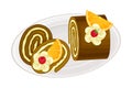 Chocolate Roulade or Rolled Cake with Whipped Cream Sugary Dessert on Plate Vector Illustration