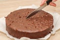 Chocolate round glazed cake with peanuts.