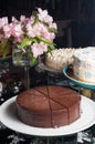 Chocolate Sacher cake on a dark background with pink flowers Royalty Free Stock Photo