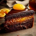 Chocolate Sacher cake slice with apricot jam on wooden table Traditional Austrian dessert