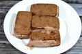 Chocolate sandwich ice cream with cookies, cookie biscuits with chunks of chocolate stuffed with ice cream, summer and holidays