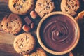 Chocolate sauce and cookies on wooden table - Top view Royalty Free Stock Photo