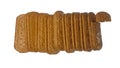 Chocolate savory biscuits are seen, neatly arranged, one biscuit is bitten, isolated on a white background. Royalty Free Stock Photo