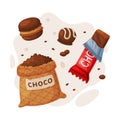 Chocolate set. Cocoa beans sack, sandwich cookie, candy bar cartoon vector illustration