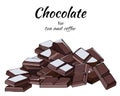 Chocolate set of dark pieces and bars on a white background. Chocolate vector hand drawn illustration Royalty Free Stock Photo