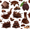 Chocolate set. Splashes, pieces and chocolate shavings, cocoa bean. 3d vector objects. Food illustration Royalty Free Stock Photo