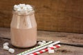 Chocolate shake marshmallows. Glass cup of cocoa with marshmallows on wooden table. Close-up. Copy space