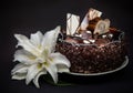 Chocolate small cake with white lily decorated with icing