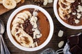 Chocolate smoothie bowl with banana, chia seeds and almond chips Royalty Free Stock Photo