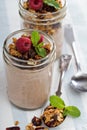 Chocolate smoothie with granola for breakfast