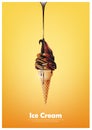 Chocolate soft ice cream cone, Pour chocolate syrup, Vector illustration