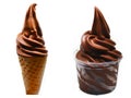 chocolate soft serve ice cream in a cone and a cup