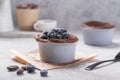 Chocolate Souffle with frozen blueberry . French traditional dessert Royalty Free Stock Photo