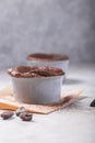 Chocolate Souffle with frozen blueberry . French traditional dessert Royalty Free Stock Photo