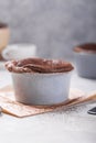 Chocolate Souffle with frozen blueberry . French traditional dessert Royalty Free Stock Photo