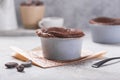 Chocolate Souffle with frozen blueberry . French traditional dessert Royalty Free Stock Photo