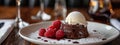 chocolate souffle and ice cream on a plate. Selective focus Royalty Free Stock Photo