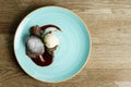 Chocolate souffle with strawberry sauce and vanilla ice cream Royalty Free Stock Photo