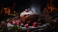 Chocolate souffle with vanilla ice cream on forest fruit, culinary picture Royalty Free Stock Photo