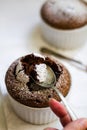 Chocolate soufle in ramekins and marble background Royalty Free Stock Photo