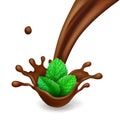 Chocolate splash with fresh mint leaves. Vector realistic 3d illustration