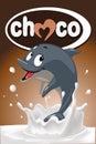 Chocolate splash milk design with cute dolphin vector illustration