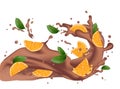 Chocolate splash with orange. Milk chocolate, cacao, coffee. 3d