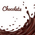 Chocolate splashes background. Brown hot coffee or chocolate with drops and bolts isolated on white background, vector