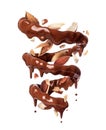 Chocolate splashes in spiral shape with crushed almonds, isolated on a white background