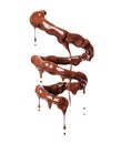 Chocolate splashes in spiral shape with flowing drops on a white background