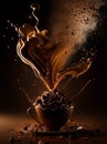 Chocolate splashing in cup. Delicious cocoa cup in motion. Generative AI