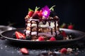 chocolate sponge cake with berries, sweet dessert..