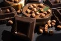 Chocolate spread  paste sweet hazelnuts on a dark background Royalty Free Stock Photo