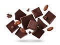 Chocolate squares and cocoa beans isolated on white background Royalty Free Stock Photo