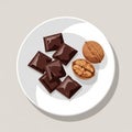 Chocolate squares and two walnuts one whole and one split open to Royalty Free Stock Photo