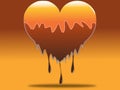 Chocolate stain in the form of heart with falling drops isolated on chocolaty brown background.