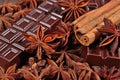 Chocolate, star anise and cinnamon sticks close up as Royalty Free Stock Photo