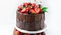 chocolate and straberry cake with candles and slice of cake on the side, studio light Royalty Free Stock Photo