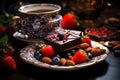 Chocolate, strawberries, blueberries and almonds on a table with tea