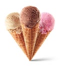 Chocolate, strawberry and caramel ice cream with cone Royalty Free Stock Photo