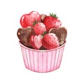 Chocolate and strawberry cupcake . Valentines day object . Watercolor painting elements . Illustration