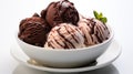 Chocolate and Strawberry Flavour Ice Cream Scoops in one White Bowl on White Selective Focus Background Royalty Free Stock Photo