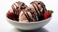 Chocolate and Strawberry Flavour Ice Cream Scoops in one White Bowl on White Selective Focus Background Royalty Free Stock Photo