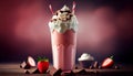 chocolate and strawberry milkshake on wooden table , generative AI Royalty Free Stock Photo